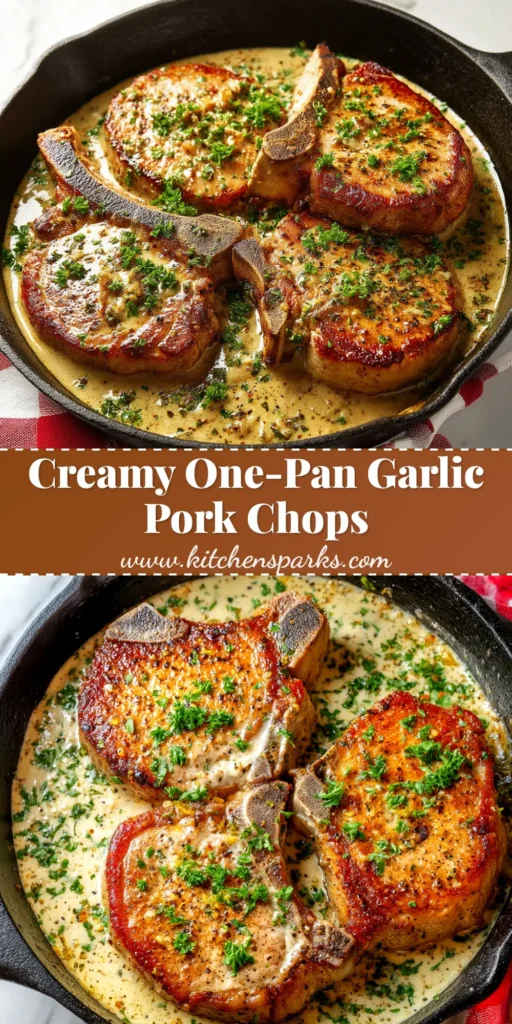 A skillet of creamy garlic pork chops garnished with fresh parsley. The ultimate one-pan dinner recipe that's juicy and full of flavor! | kitchen_spark