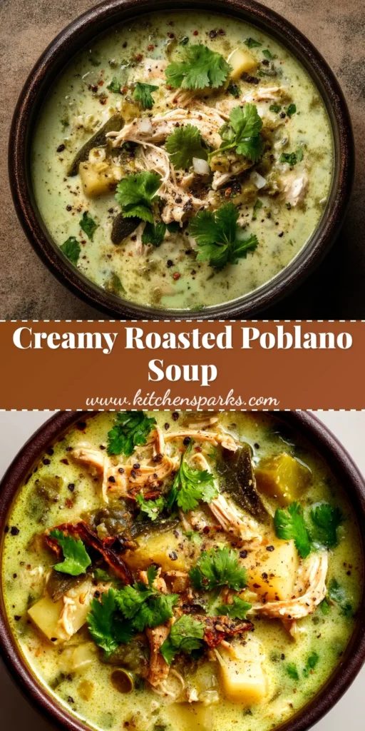A bowl of creamy roasted poblano soup, garnished with fresh cilantro and cotija cheese. The rich green soup is presented in a dark bowl, ready to be eaten.