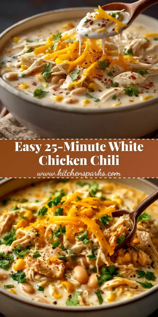 A bowl of creamy white chicken chili topped with fresh cilantro and a lime wedge, ready to be pinned.