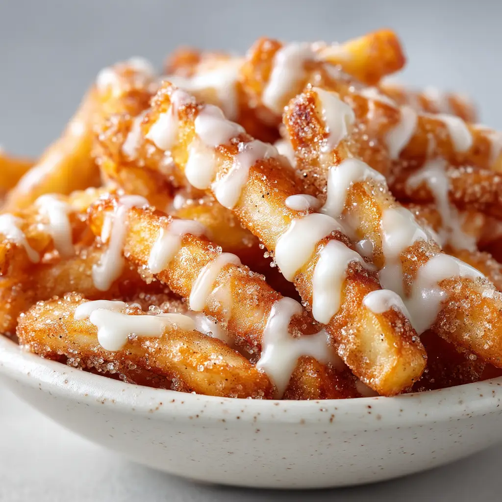 A close-up macro shot of crispy air fryer apple fries, showing the sparkling cinnamon-sugar coating.