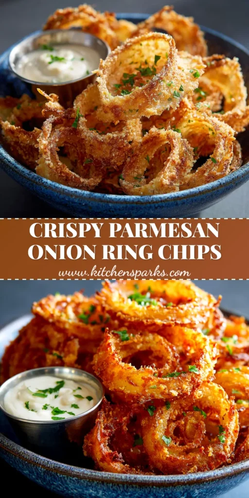 A large bowl filled with crispy, golden-brown Onion Ring Chips, perfect for snacking. The baked chips are thin and crunchy, with a side of dipping sauce.