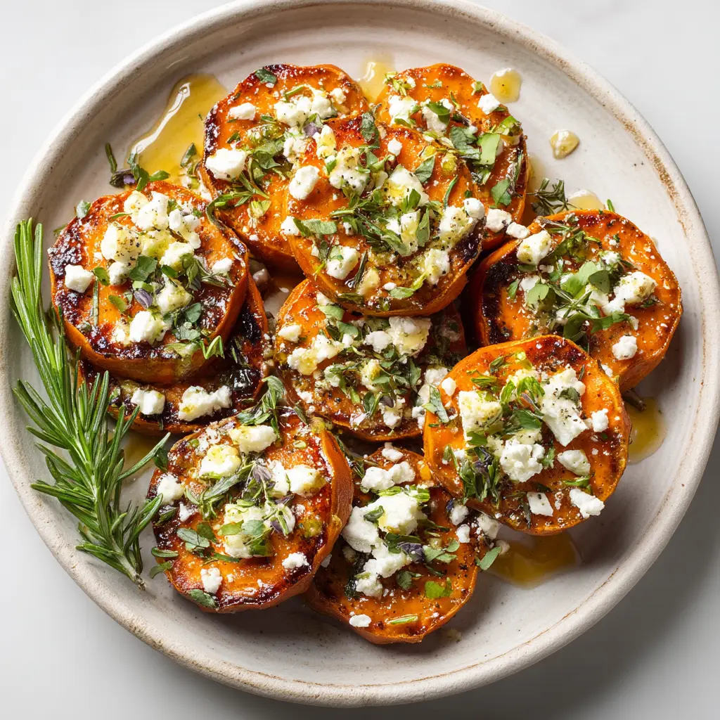 An overhead close-up shot of perfectly roasted sweet potato rounds arranged neatly on a dark plate, ready to be served.