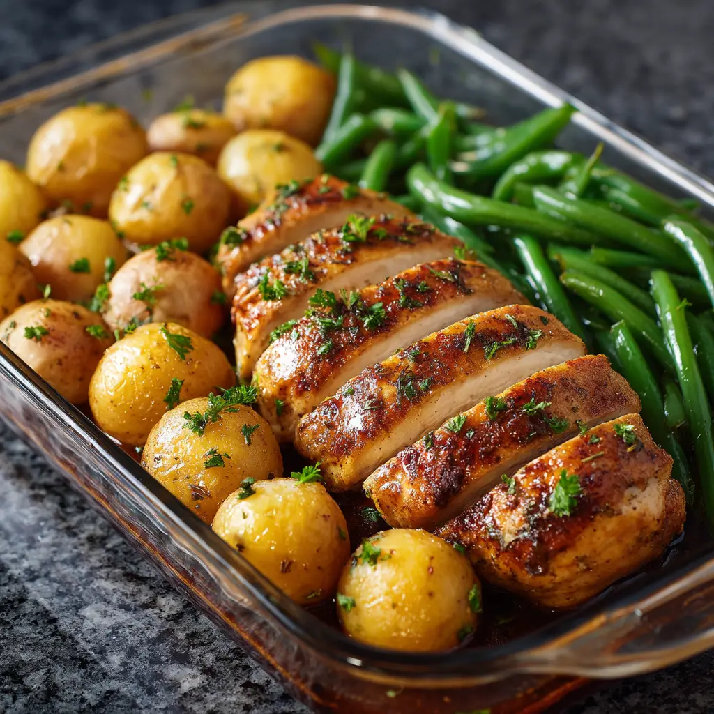 A high-angle shot of the herb-baked chicken in a rustic baking dish, showcasing the crispy skin and aromatic herbs.