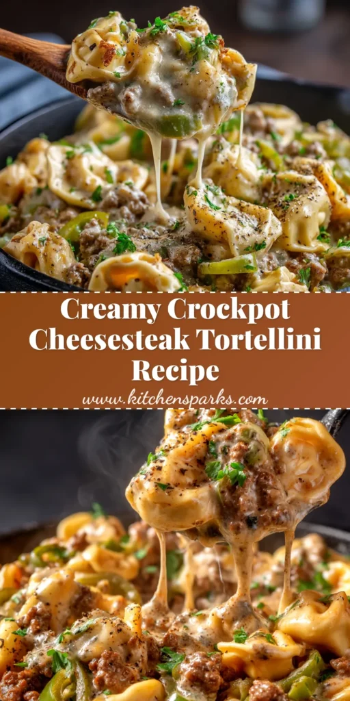 A large white bowl filled with creamy Crock Pot Cheesesteak Tortellini, garnished with fresh parsley. The tortellini is mixed with tender steak, peppers, and onions in a cheesy sauce.