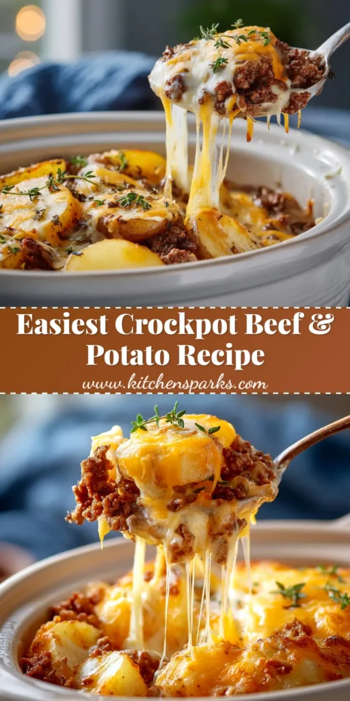 A savory crockpot ground beef and potato casserole in a slow cooker, topped with melted cheddar cheese. The ultimate easy weeknight comfort meal.