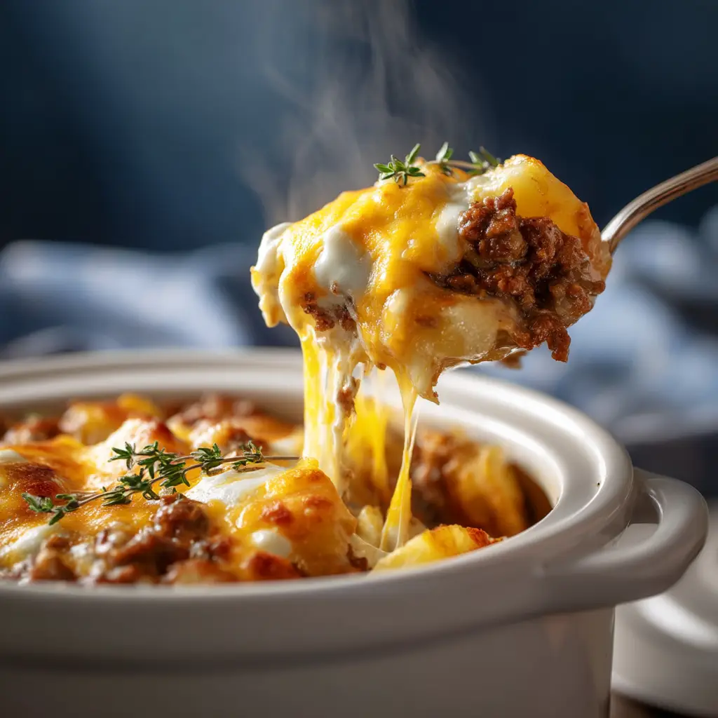 A serving of the crockpot ground beef and potato meal on a plate, garnished with fresh parsley.