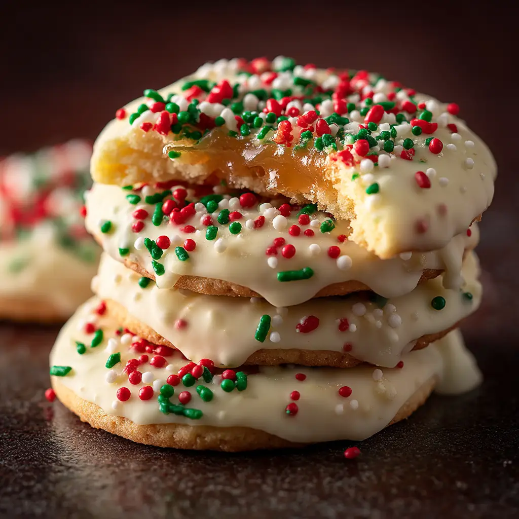 A detailed macro photo of decorated Ritz cracker holiday treats, showing the texture of the chocolate and sprinkles.