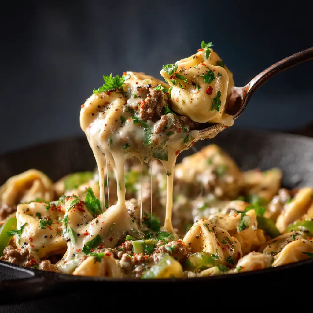 A spoonful of the Crock Pot Cheesesteak Tortellini being lifted from a bowl, showcasing the creamy sauce, a piece of steak, a bell pepper slice, and a cheese tortellini.