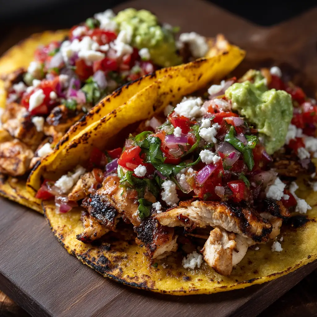 A plate of chicken street tacos ready to be served, garnished with diced onions, cilantro, and fresh lime wedges.