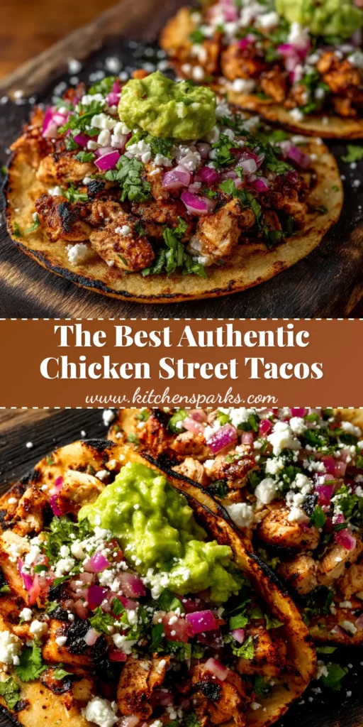 A close-up shot of three delicious chicken street tacos on a wooden board, topped with fresh cilantro and onion, with a lime wedge on the side. The perfect easy chicken street tacos recipe.