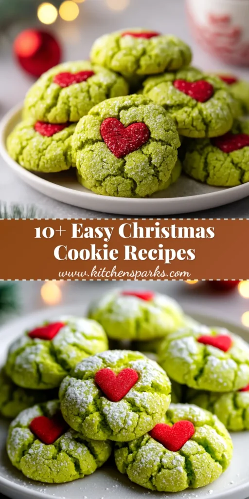 A pin-worthy image of easy Christmas cookies. These Grinch-inspired green cookies with red hearts are perfect for holiday baking. A simple and fun recipe for the whole family! #EasyChristmasCookies #HolidayBaking #CookieRecipes