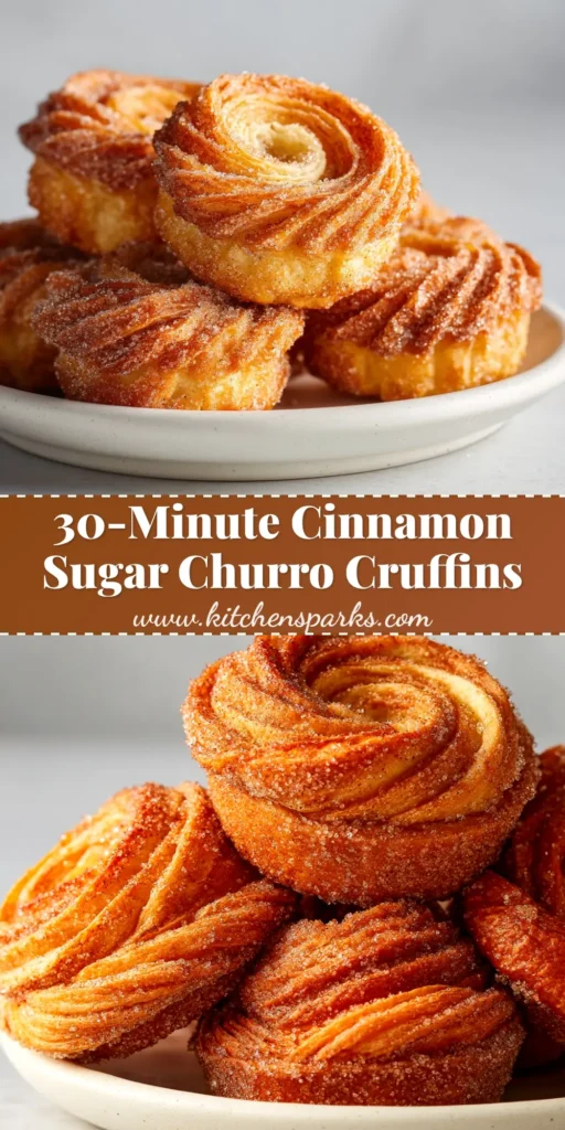 A tall pin image showing several golden-brown Churro Cruffins coated in cinnamon sugar on a plate, with one cut open to show the flaky layers and dulce de leche filling.