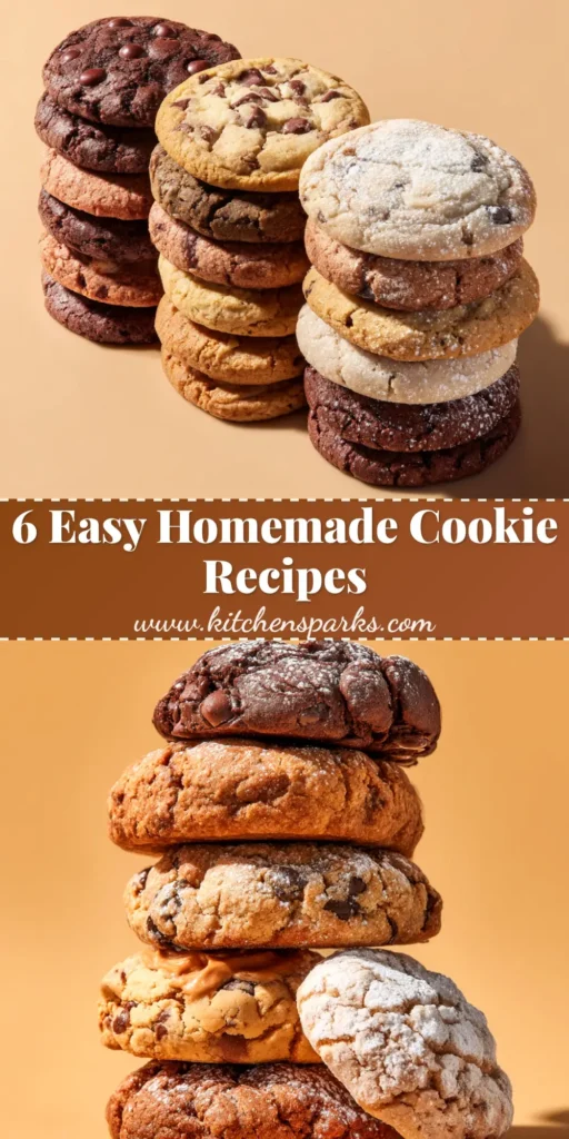 A beautiful spread of delicious and easy cookie recipes. Various cookies including chocolate chip and sugar cookies are displayed on a wooden board, ready to be eaten.