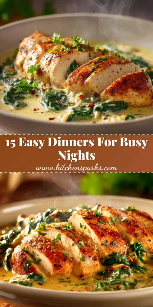 A stunning overhead shot of easy lazy dinners: one-pan creamy Tuscan chicken in a black skillet, garnished with fresh basil. The perfect visual for a quick weeknight meal.