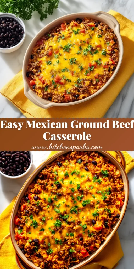 A delicious and easy Mexican ground beef casserole in a baking dish, topped with melted cheese and fresh cilantro. The perfect cheesy weeknight dinner recipe.