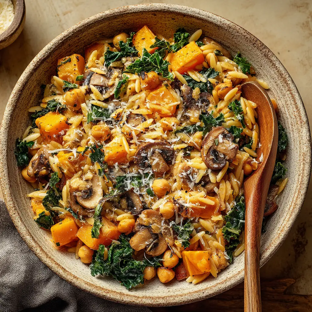 A spoonful of the finished one-pan orzo, showcasing the perfectly cooked butternut squash, Brussels sprouts, and kale mixed together.