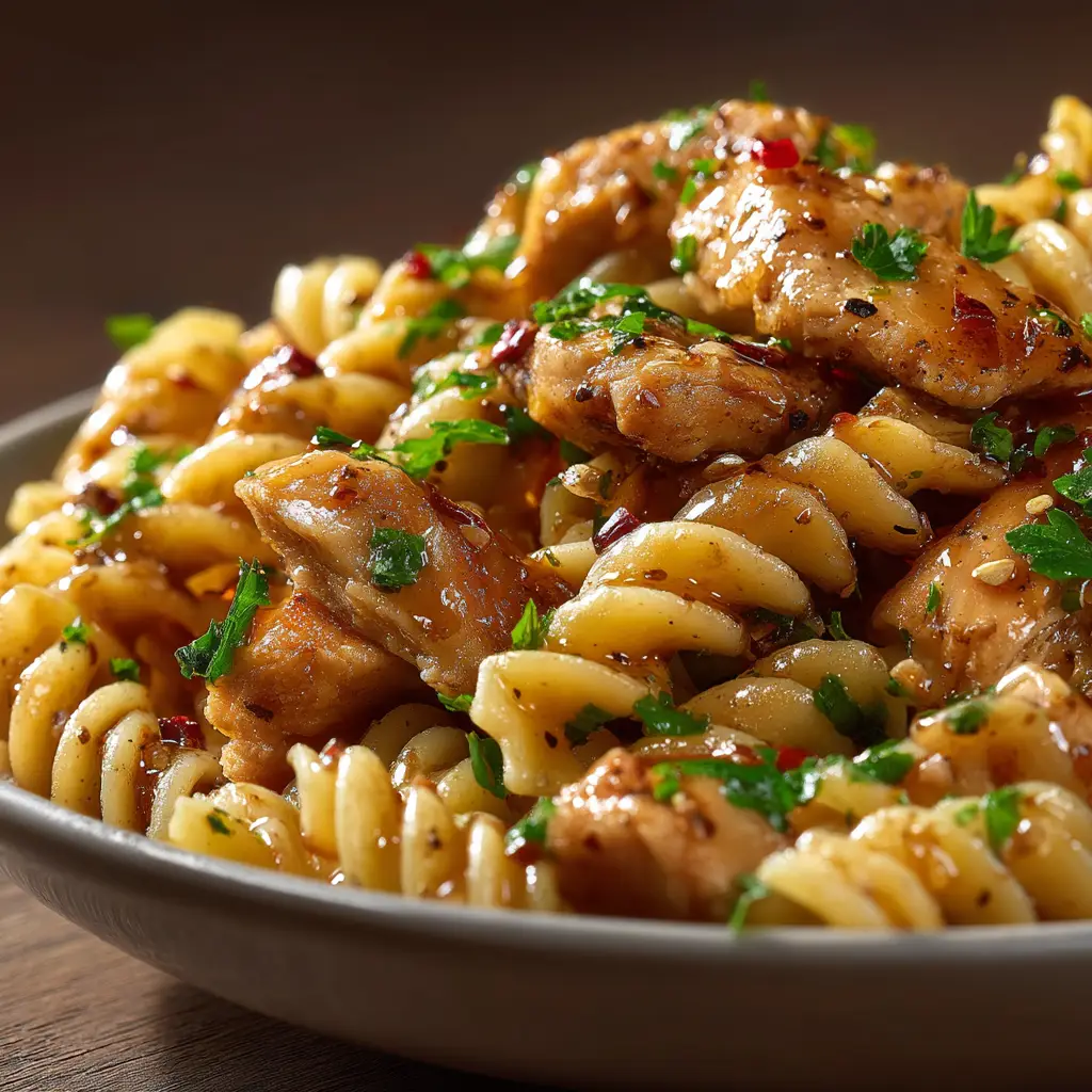 A fork twirling a bite of the sweet and spicy chicken pasta from a white bowl, demonstrating the perfect texture and sauciness of the dish.