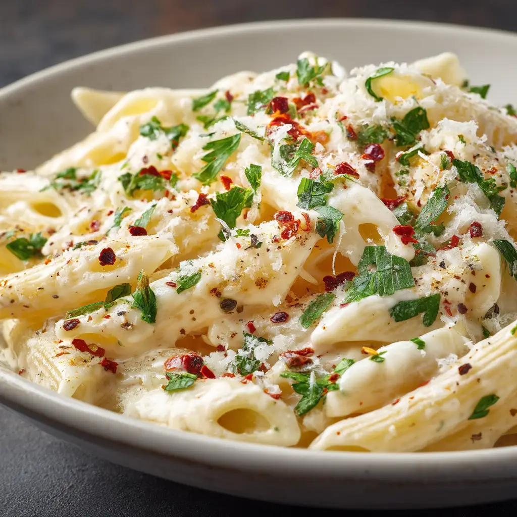 A fork twirling fettuccine in a bowl of one-pot pasta, showcasing the perfectly cooked noodles coated in a rich garlic sauce.
