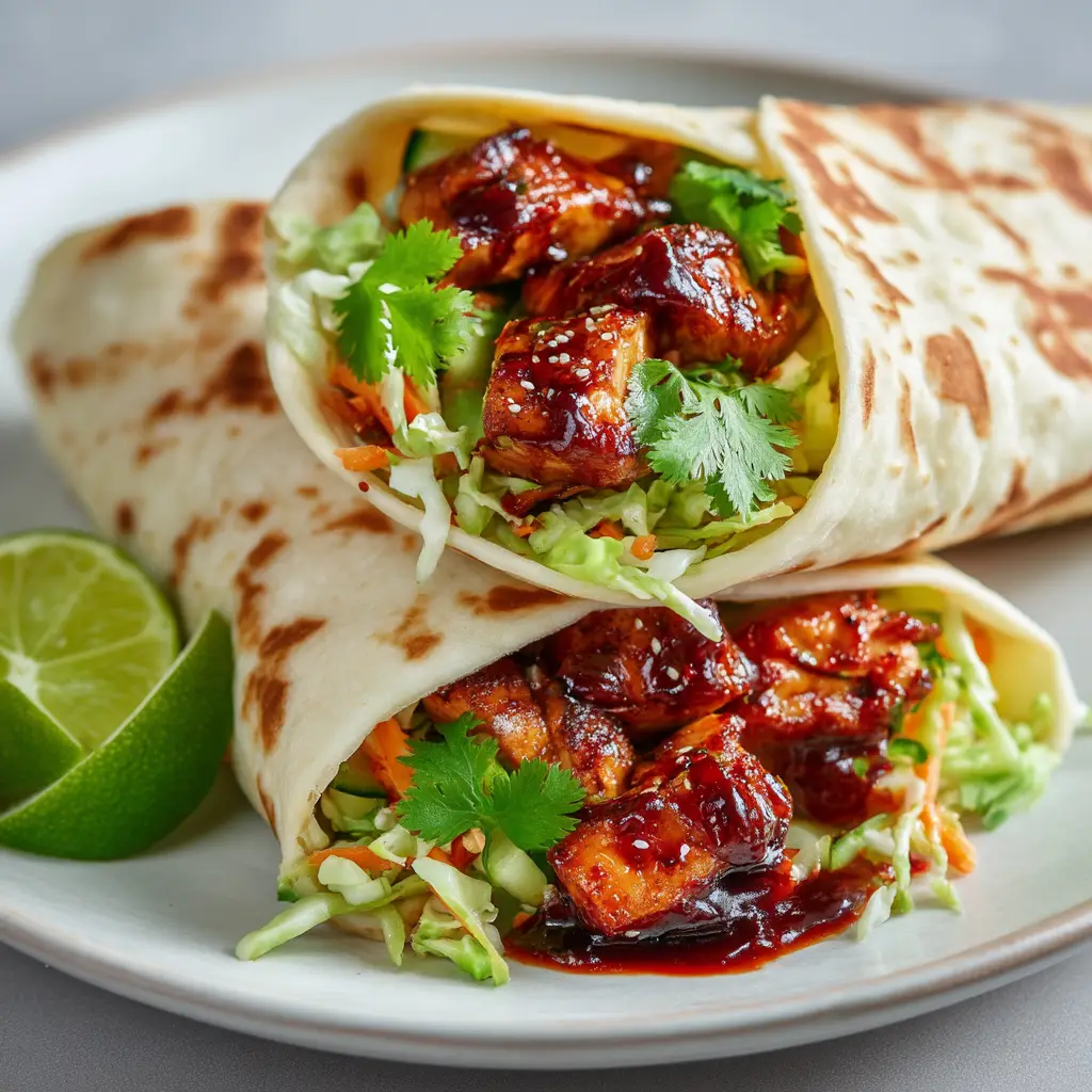 Two halves of a finished Sweet Chili Chicken Wrap stacked neatly. The vibrant colors of the carrots and cilantro pop against the golden-brown chicken and soft tortilla.