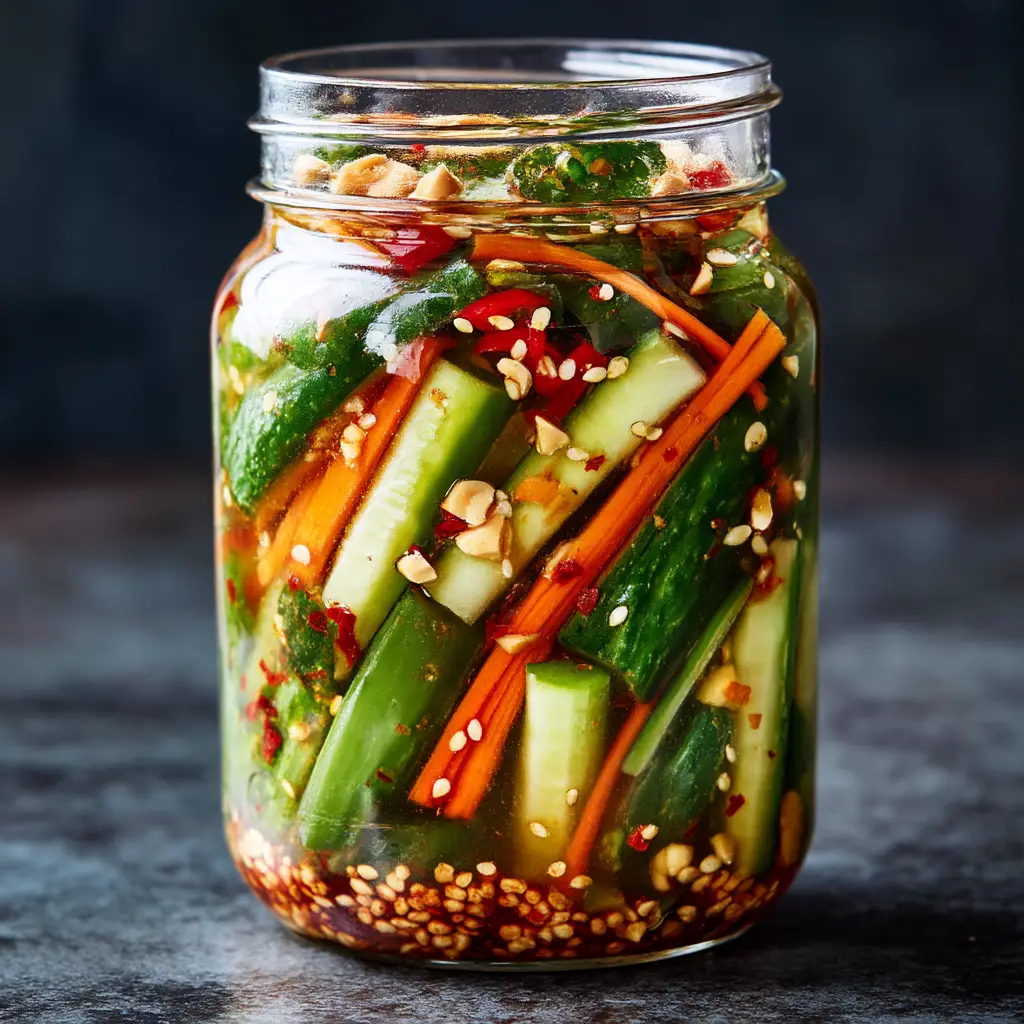 A close-up of the finished Vietnamese pickled vegetables, showing the crisp texture of the pickled daikon and carrot matchsticks in the jar.