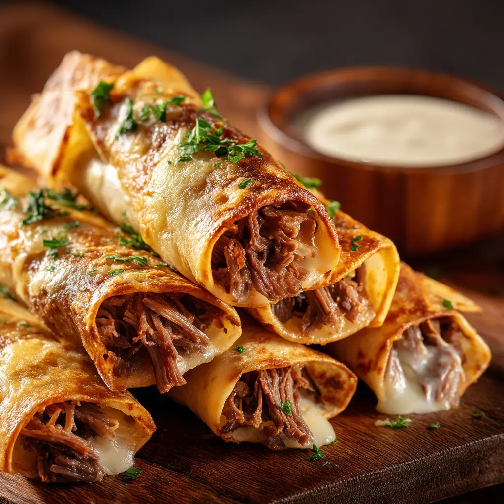A serving platter with French dip appetizer roll ups ready to be served, with a side of savory au jus for dipping.