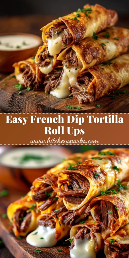 A platter of French Dip Tortilla Roll Ups arranged neatly with a small bowl of au jus for dipping. The pinwheels show layers of roast beef and provolone cheese.