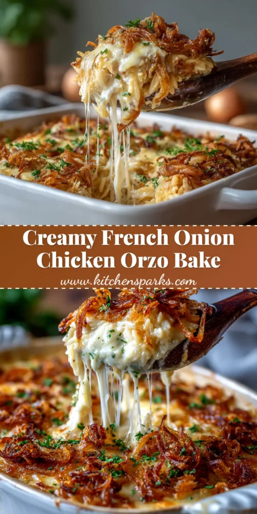 A scoop of creamy French Onion Chicken Orzo Casserole in a white bowl, showing the cheesy topping and tender orzo pasta.