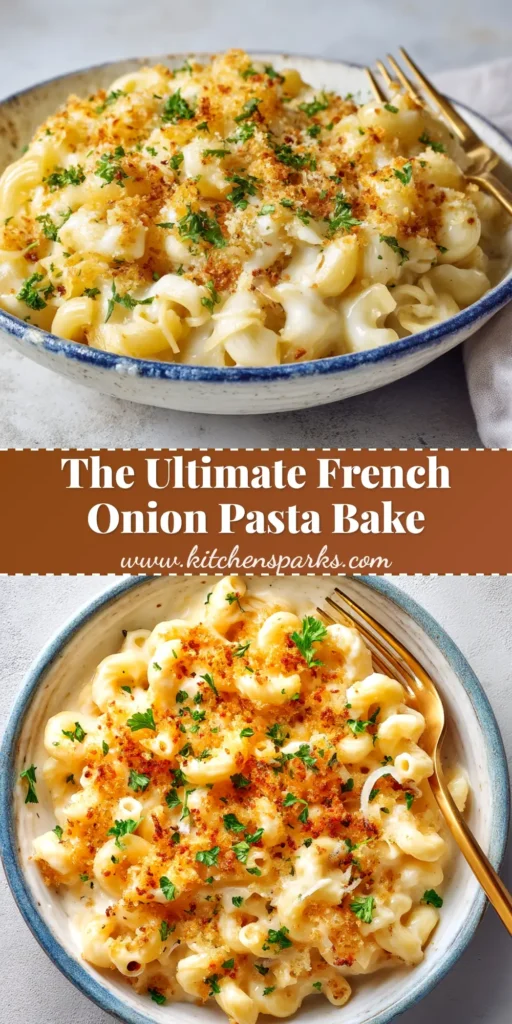 A large pin image of a cheesy French Onion Pasta Bake in a baking dish, showing off the golden-brown crust.