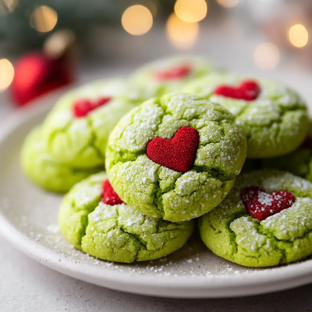 A batch of freshly baked green Grinch cookies, a type of easy Christmas cookies, cooling on a wire rack next to holiday decorations.