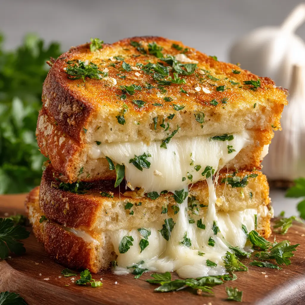 A melted cheese pull stretching from a slice of Garlic Bread Grilled Cheese, highlighting the gooey provolone and cheddar.