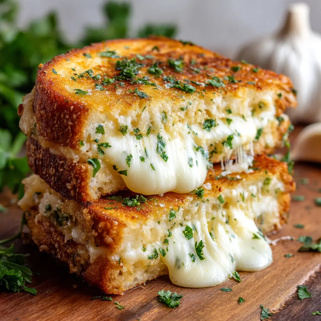 Extreme close-up of a crispy, golden Garlic Bread Grilled Cheese, showing the texture of the garlic butter crust.