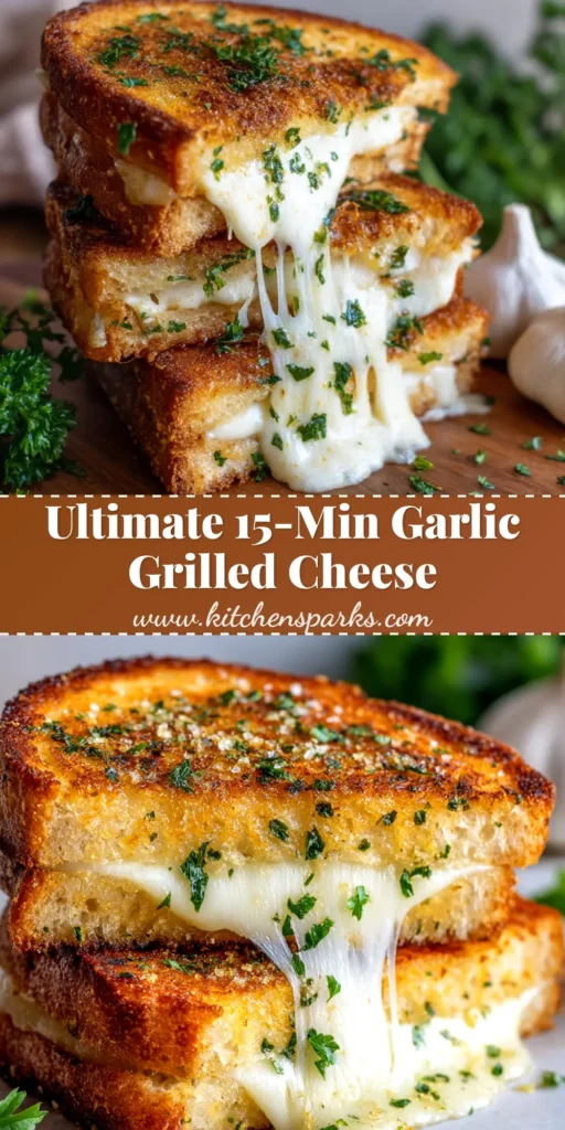 A perfectly golden-brown Garlic Bread Grilled Cheese sandwich cut in half, revealing a gooey, melted cheese pull against a clean background.