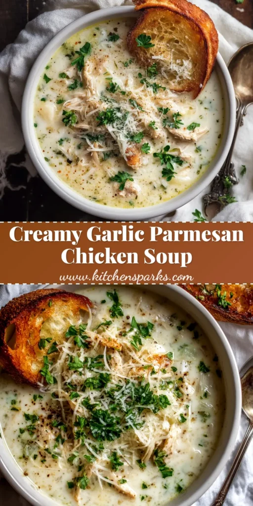 A shareable pin image for a creamy Garlic Parmesan Chicken Soup recipe, featuring a bowl of the soup with text overlay.