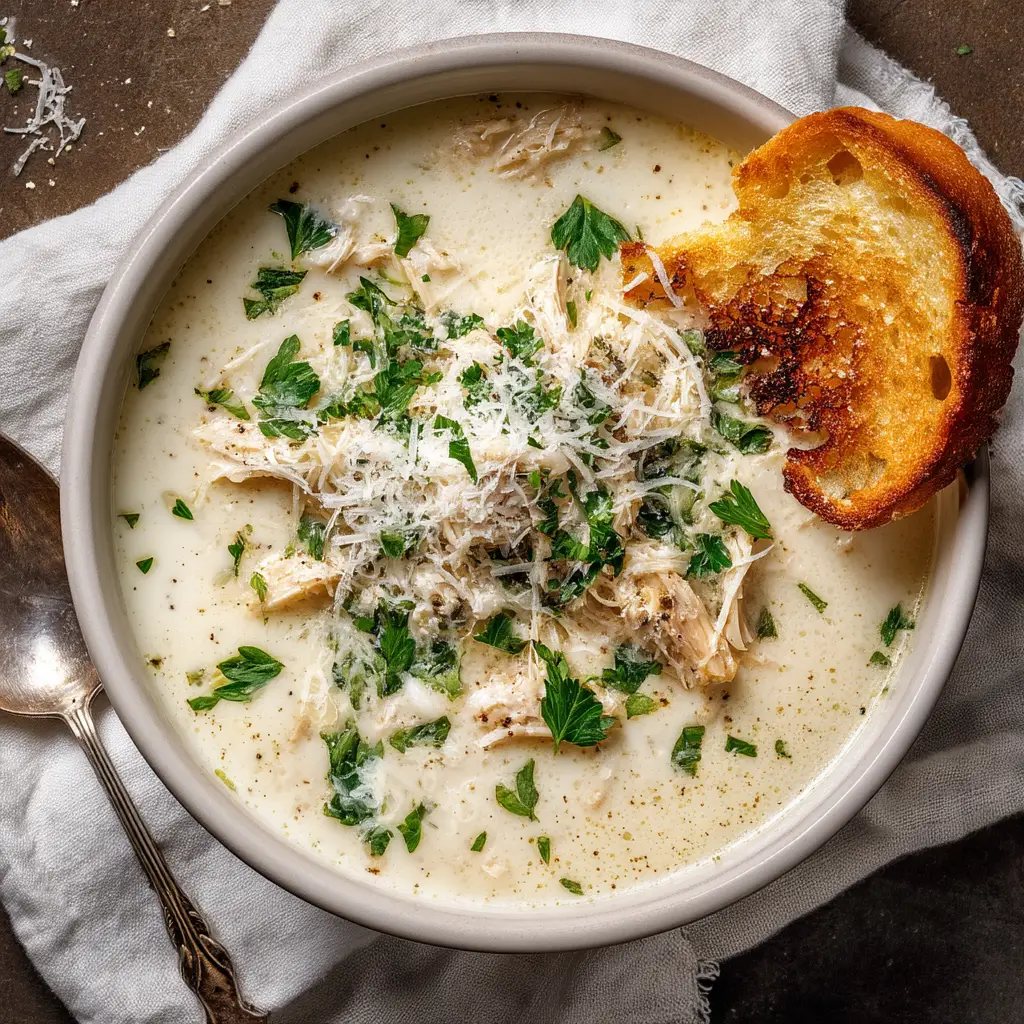 A spoonful of garlic parmesan chicken soup being lifted from a bowl, showing the tender shredded chicken and rich, creamy broth.