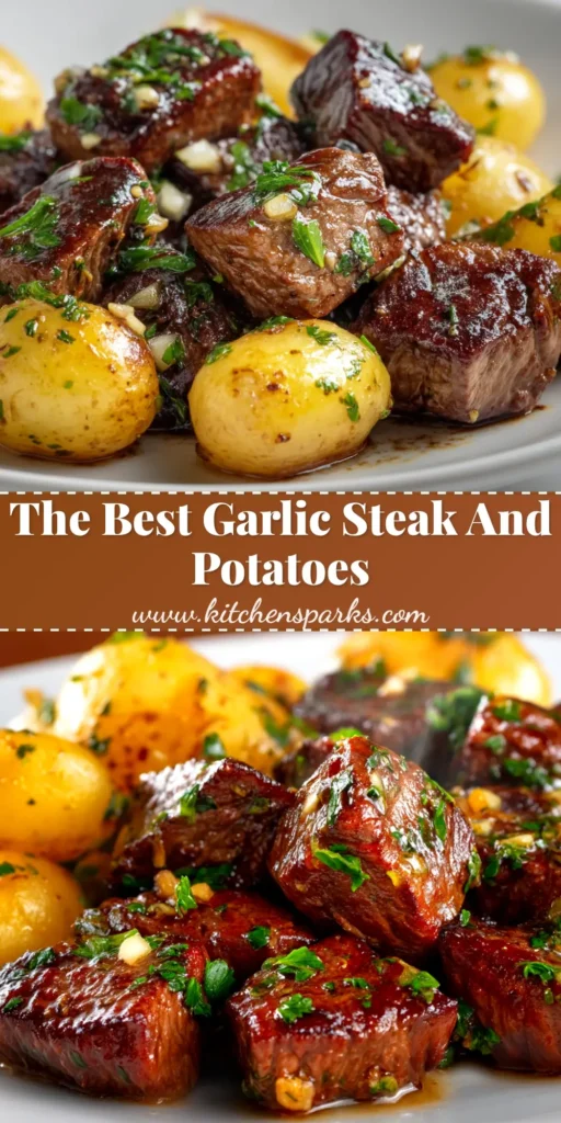 A top-down view of Garlic Steak Bites and Potatoes in a cast-iron skillet, garnished with fresh parsley. The steak is perfectly seared and the potatoes are golden brown.