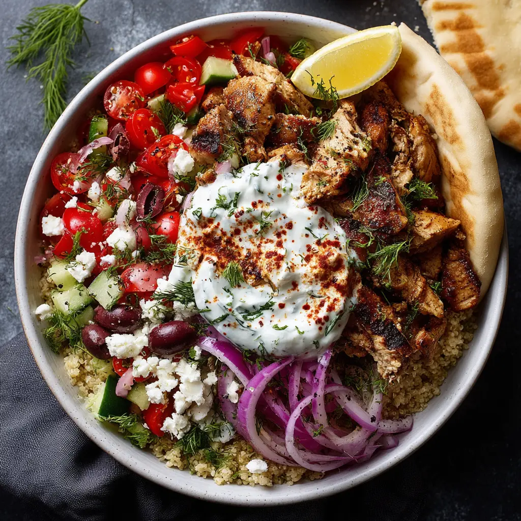 A detailed view of the components for a Greek chicken recipe, including marinated chicken, diced vegetables, and a bowl of creamy tzatziki sauce.