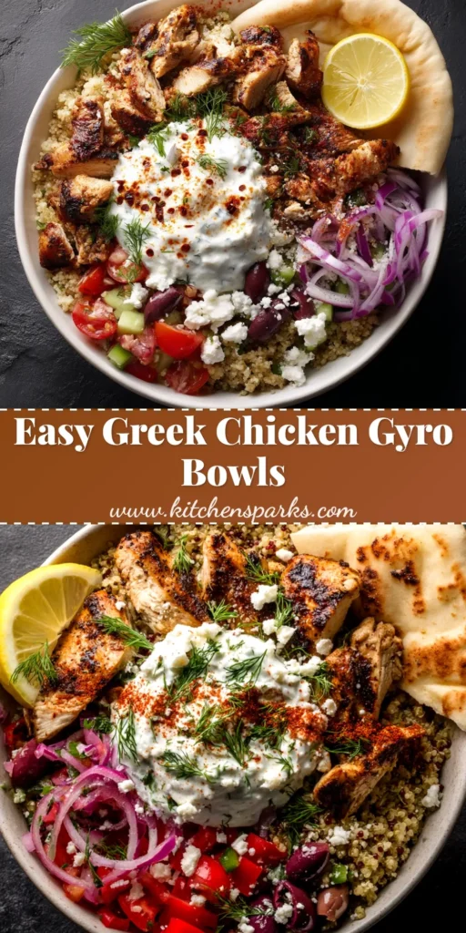 An overhead shot of vibrant Greek Chicken Gyro Bowls, showcasing tender chicken, fresh vegetables, and a creamy tzatziki sauce over a bed of rice in a white bowl.