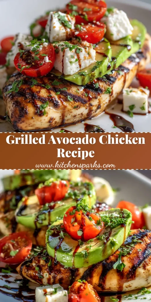 A platter of sliced grilled avocado chicken, showing a juicy interior, served alongside perfectly charred grilled avocado halves and garnished with fresh cilantro and lime wedges.