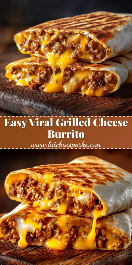 A golden-brown Grilled Cheese Burrito sliced in half to show the cheesy beef filling. This easy dinner recipe is the ultimate comfort food mashup. | kitchen_spark