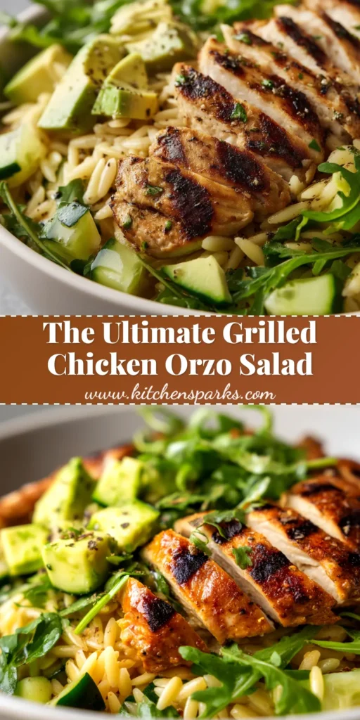 A large white bowl filled with Grilled Chicken Orzo Salad, topped with fresh parsley and feta. The salad is vibrant with cherry tomatoes, cucumbers, and perfectly grilled chicken pieces.