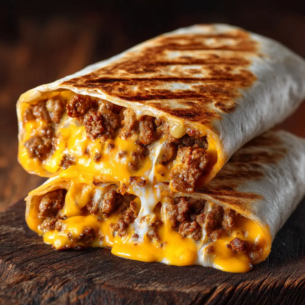 A burrito being grilled on a hot skillet to create the signature crispy, golden-brown cheese crust.