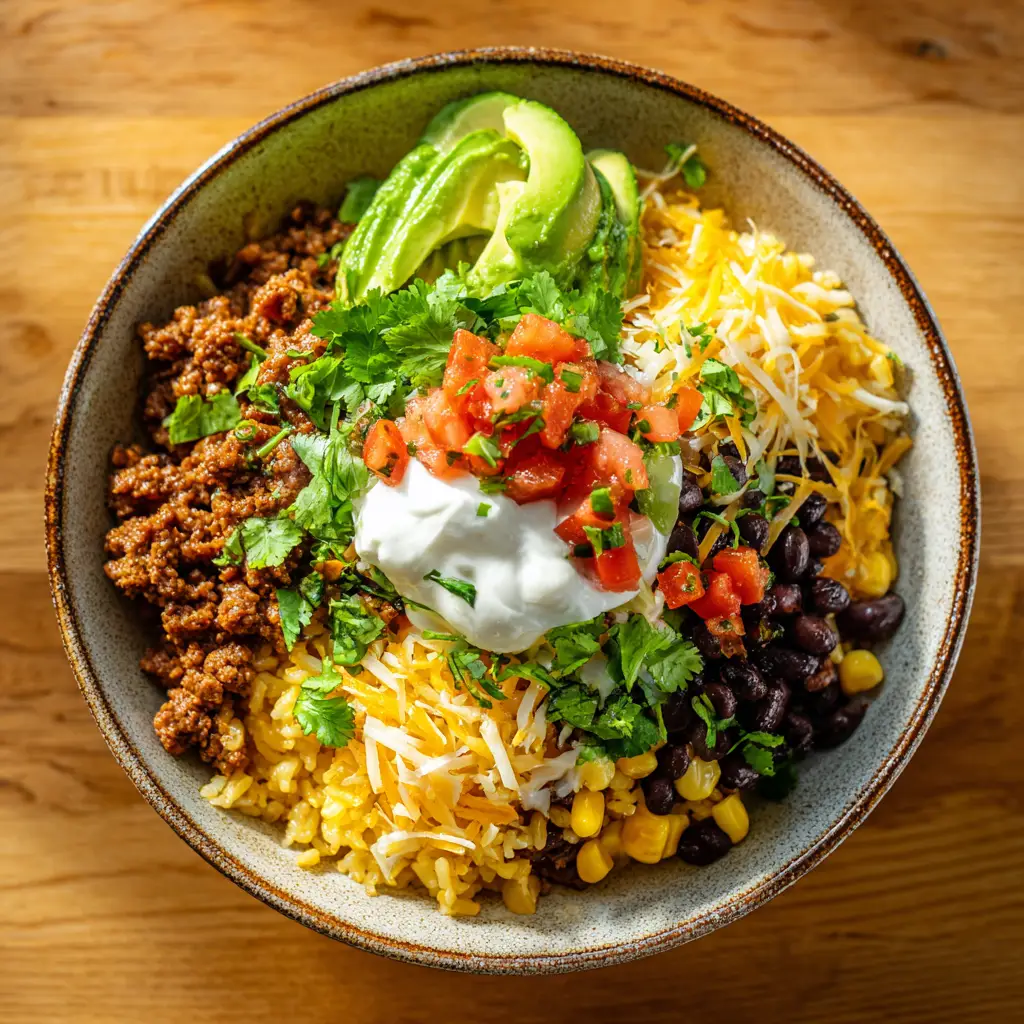 A side-angle view of the taco rice bowl, showing the layers of fluffy rice, savory ground beef, and colorful toppings like avocado and tomato.