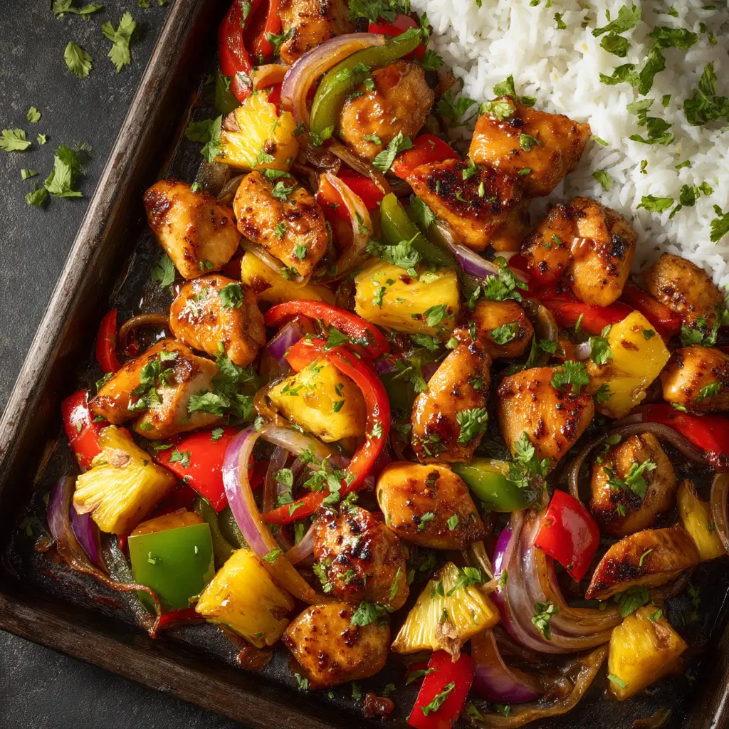 The ingredients for the Hawaiian chicken sheet pan recipe arranged neatly on the pan before being coated in sauce and roasted.