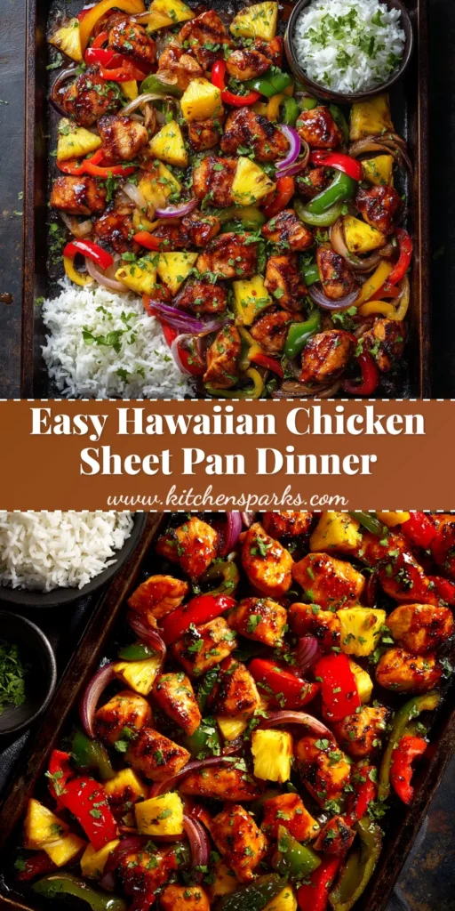A vibrant and delicious Hawaiian chicken sheet pan dinner with pineapple, bell peppers, and red onion, perfectly roasted and glazed. The ultimate one-pan meal for an easy weeknight dinner.