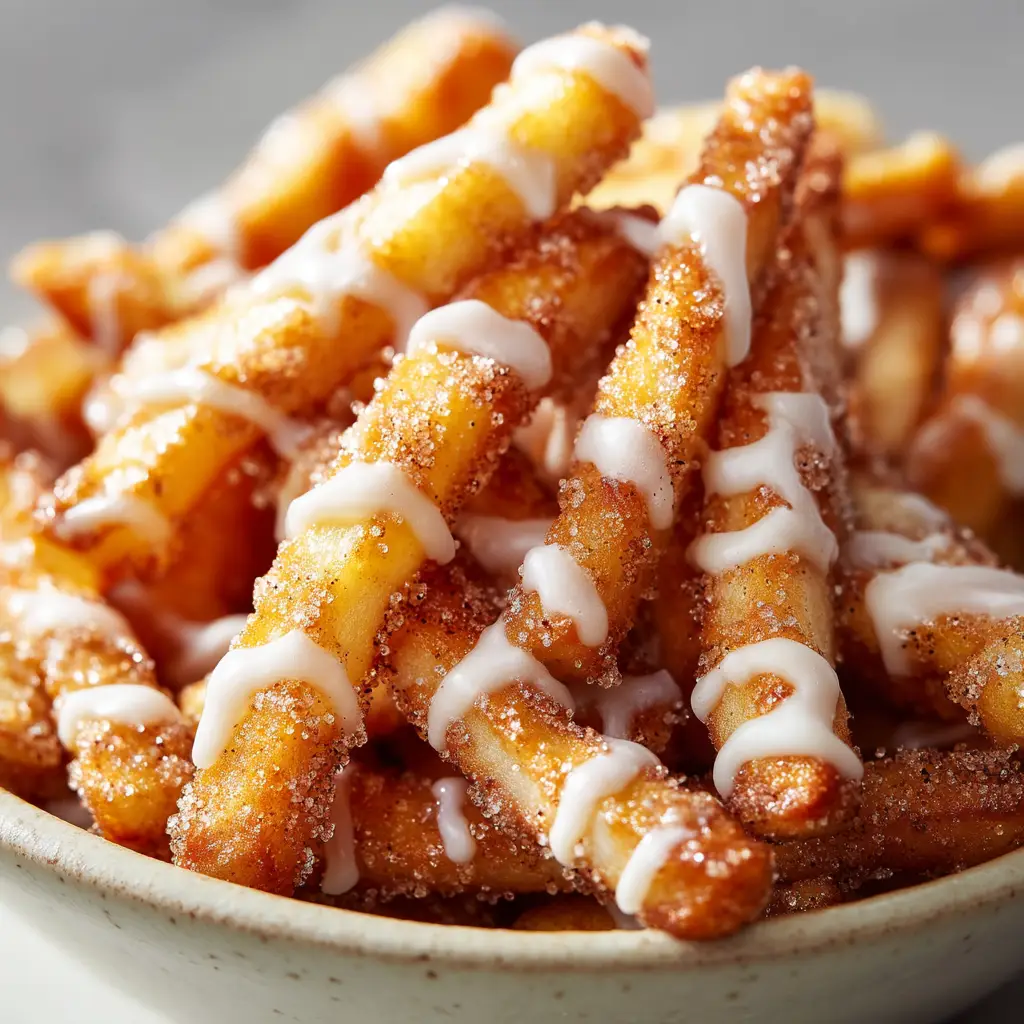 A pile of golden-brown air fryer apple fries in a rustic bowl, ready to be served as a healthy dessert.