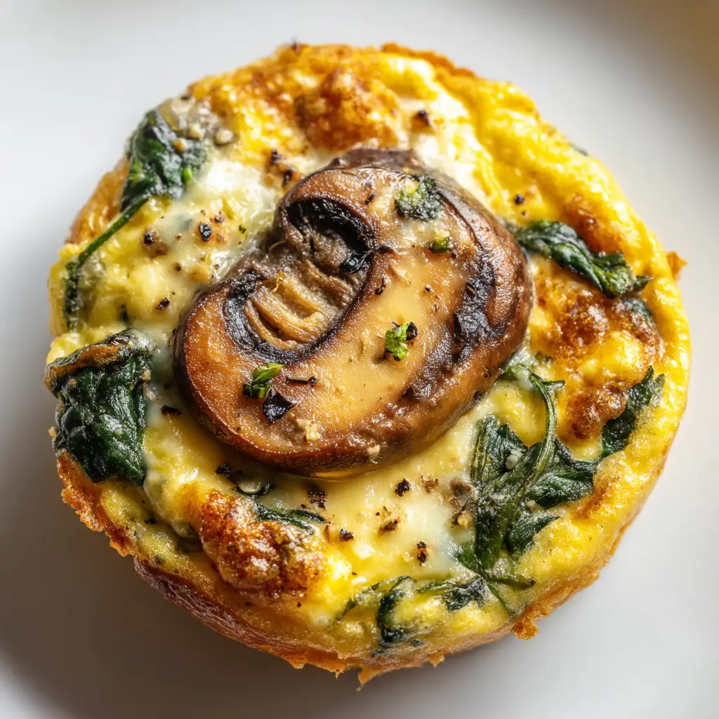 A savory breakfast muffin made with eggs, spinach, and mushrooms, ready to be served for a healthy meal prep breakfast.