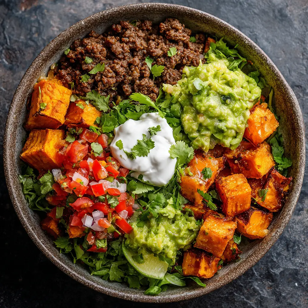 A beautiful spread featuring the healthy bowl recipe with all the fresh components like corn salsa and avocado crema displayed.