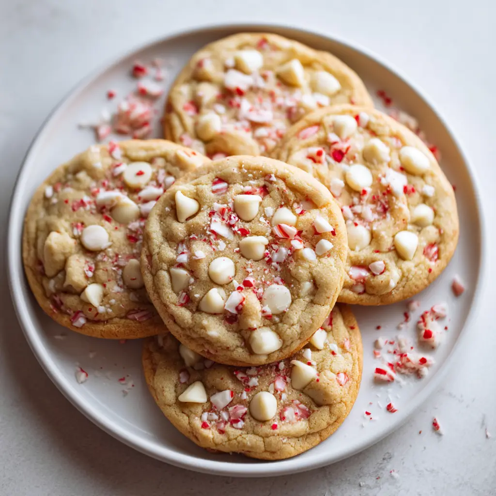 A stack of white chocolate peppermint cookies next to a glass of milk, highlighting the festive holiday treats. The crushed candy canes on top add a pop of color.