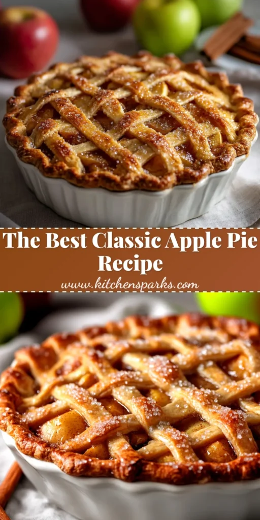 A beautiful homemade apple pie recipe with a golden-brown lattice crust, ready to be served. A slice is being lifted out, revealing the gooey, spiced apple filling.