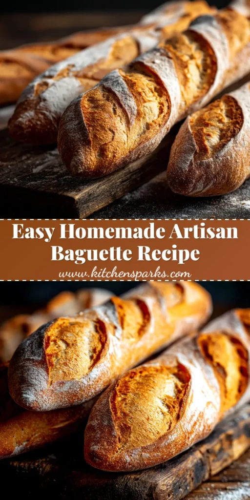 An easy homemade baguette recipe resulting in three golden-brown, crusty loaves of French bread on a wooden board.